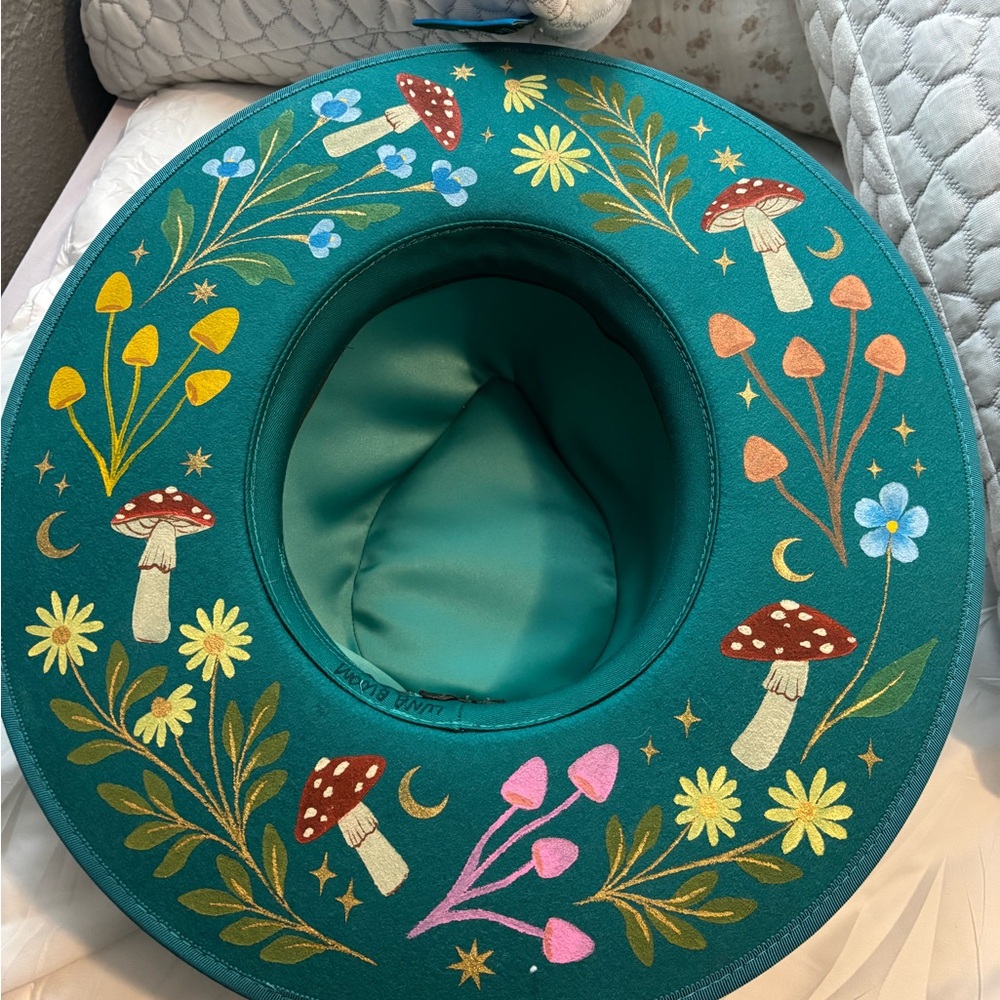 Whimsical Teal Floral Hat with Mushroom Design